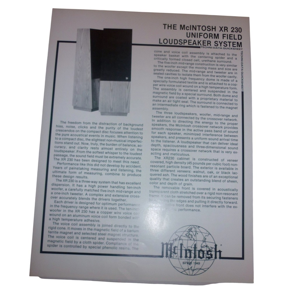 McIntosh XR 230 Loudspeaker System Techni-Data Quicksheet Vintage Audio Manual